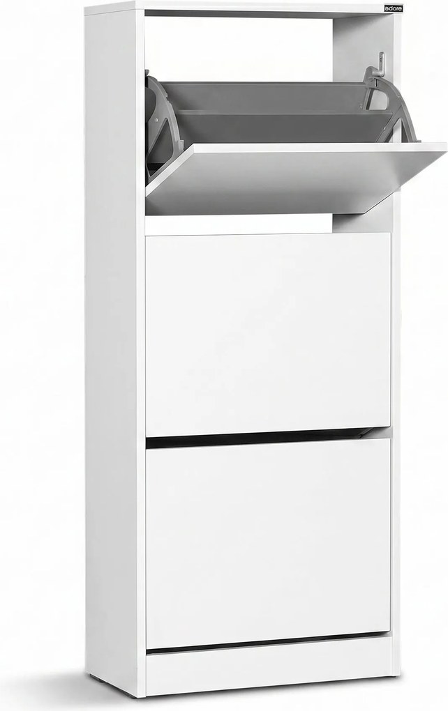 Pantofar Adore Compact Plus, 12 Perechi, 3 Compartimente, Alb - Stejar - Mov, 51x119x26 cm