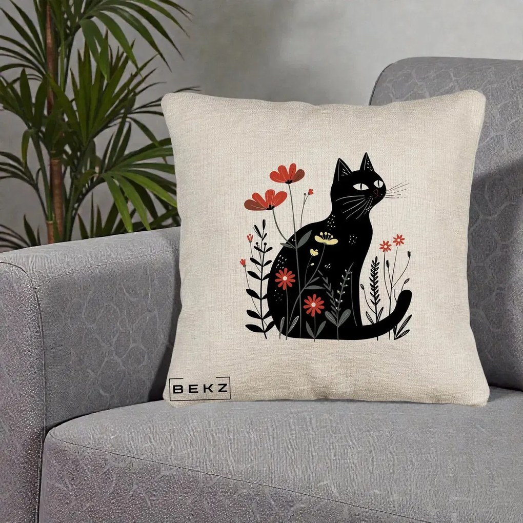 Perna Decorativa Pisica Neagra Flori Rosii Folk, 40x40 cm, Bej Canapea, Husa Detasabila, Perna Inclusa, BEKZ®