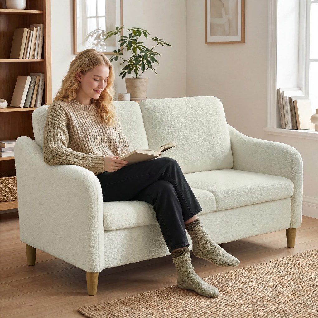 HOMCOM Divan 2 Locuri Imbottit în Sherpa cu Perne Detașabile, Picioare din Lemn de Eucalipt, Design Compact pentru Living, 137x69x82 cm, Crem | Aosom Romania