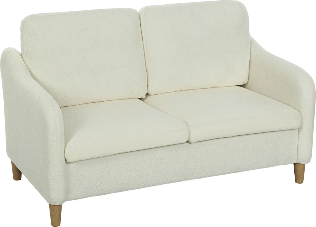 HOMCOM Divan 2 Locuri Imbottit în Sherpa cu Perne Detașabile, Picioare din Lemn de Eucalipt, Design Compact pentru Living, 137x69x82 cm, Crem | Aosom Romania