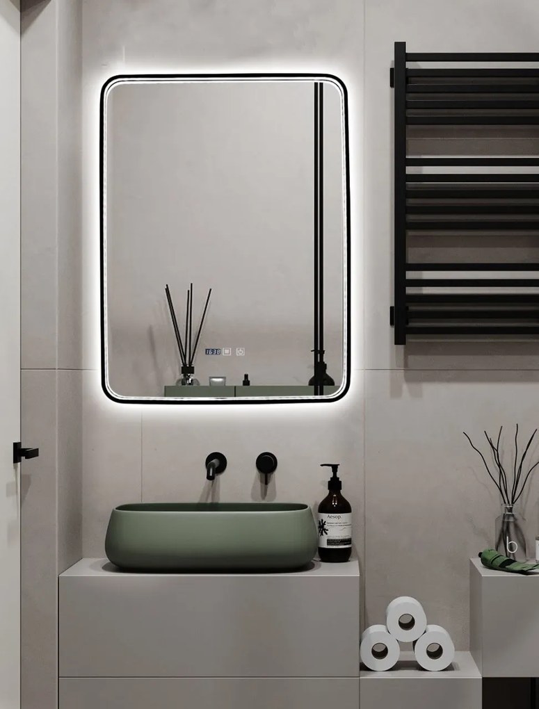 Oglindă Baie LED și Dezaburire Elit's Premium cu Senzor Touch, Lumina Rece, Caldă și Neutră, 60x80cm, cu rama Negru Antichizat