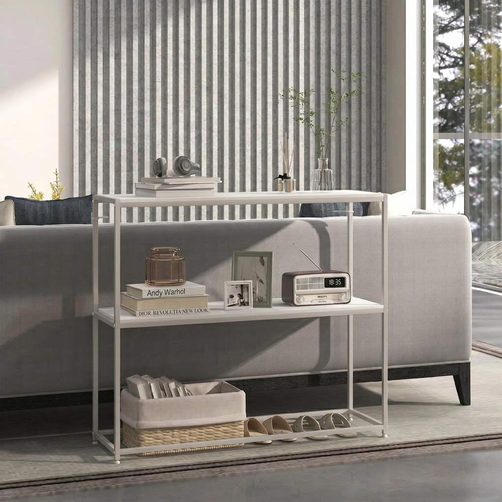 HOMCOM Masă Consolă de Intrare Subțire cu Partea Superioară Deschisă, Dulap Consolă din Oțel și PAL, 100x30x87 cm, Alb | Aosom Romania