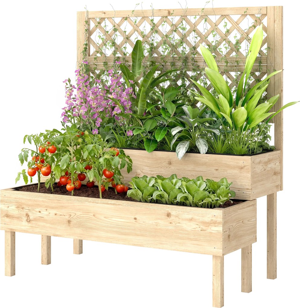 Outsunny Jardinieră înaltă cu spalier 2 niveluri cutie de flori cu 2 jardiniere, lemn 108 x 62 x 120 cm | Aosom Romania