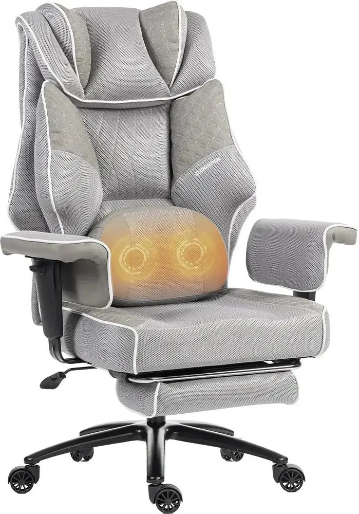DOWINX 66B3 – Scaun directorial XXL, Extra-Lat și Construcție Heavy-Duty, Masaj Lombara Dublu, cotiere reglabile, suport pentru picioare, Rezistent 180 kg, plasă respirabilă+PU, Gri