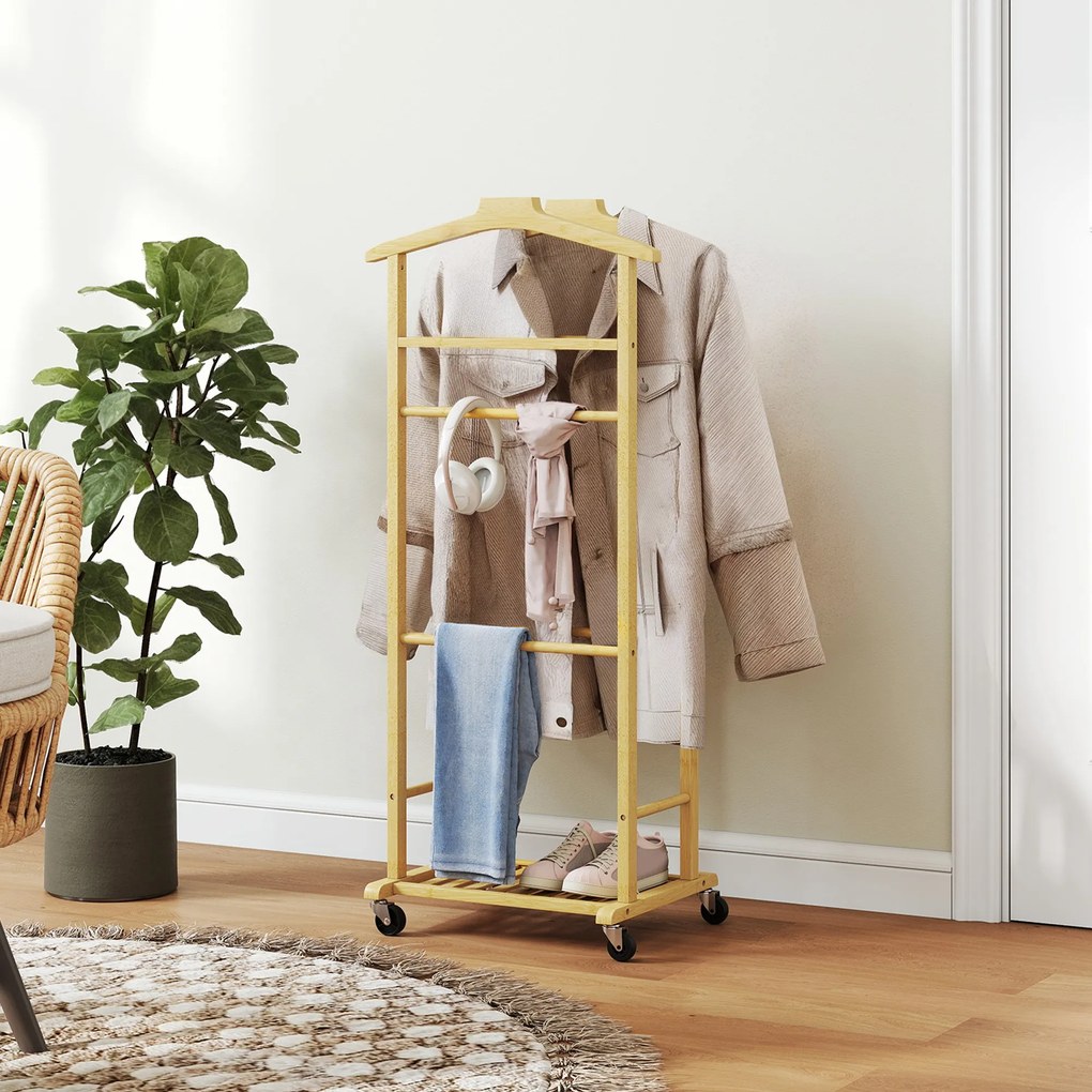 HOMCOM Suport de haine 4 în 1 pe roți din lemn de bambus, 47x33.7x105.5 cm | Aosom Romania