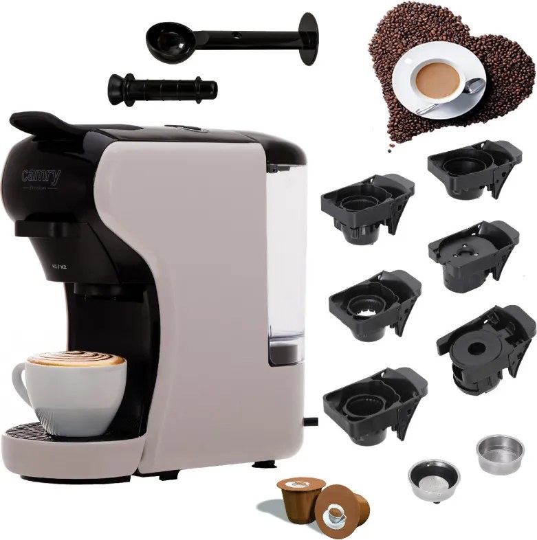 Espressor pentru cafea macinata si capsule 9in1 Camry CR 4414, 3000 W, 19 bar, Bej/Negru