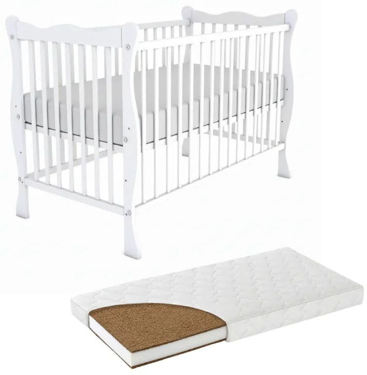 Patut din lemn masiv 120x60 cm Kidizi Isla alb si saltea cocos LUX 120x60x9 cm,reglabil pe 3 nivele, certificat EN71