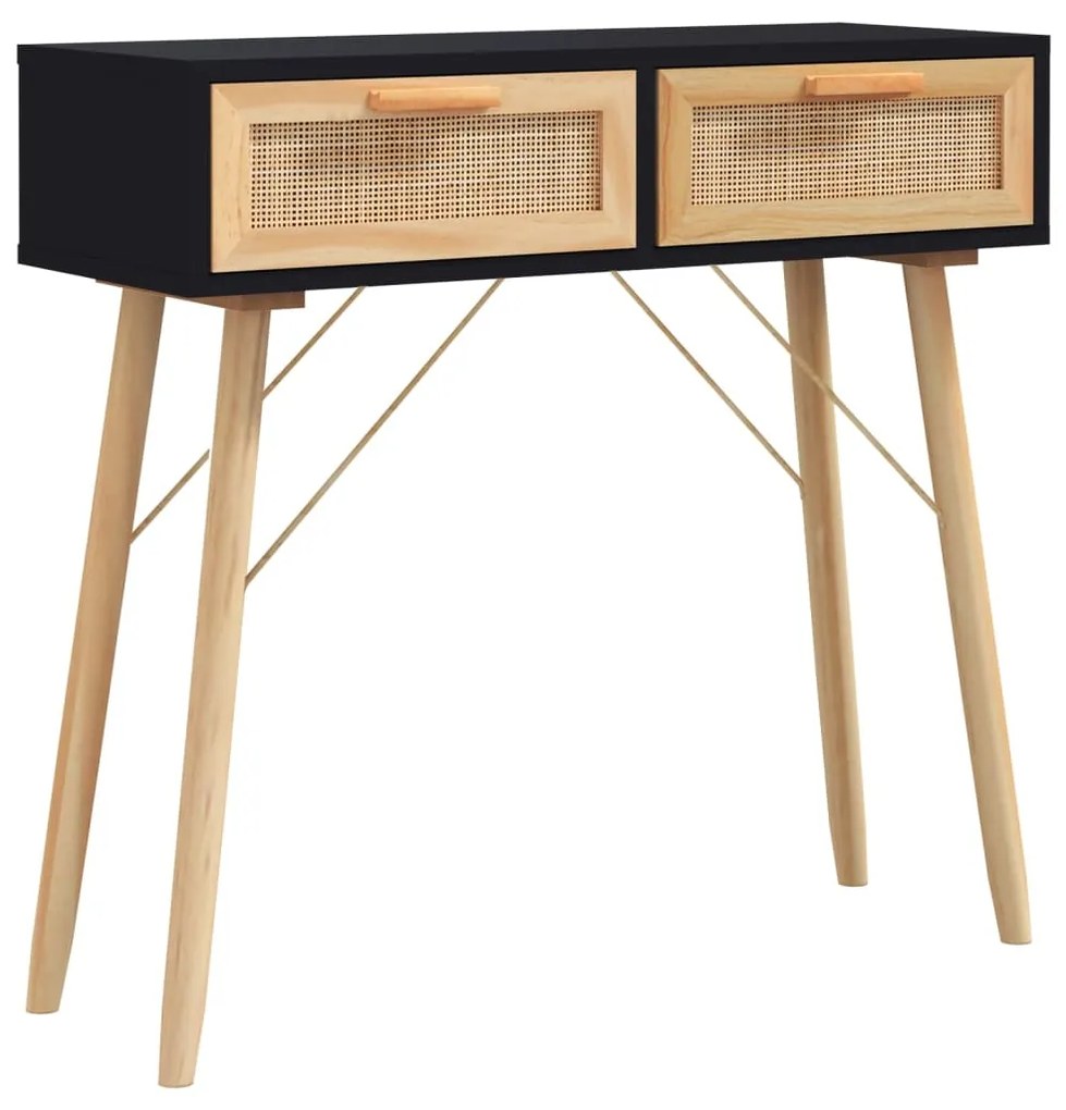 345625 vidaXL Masă consolă negru 80x30x75 cm lemn masiv pin și ratan natural