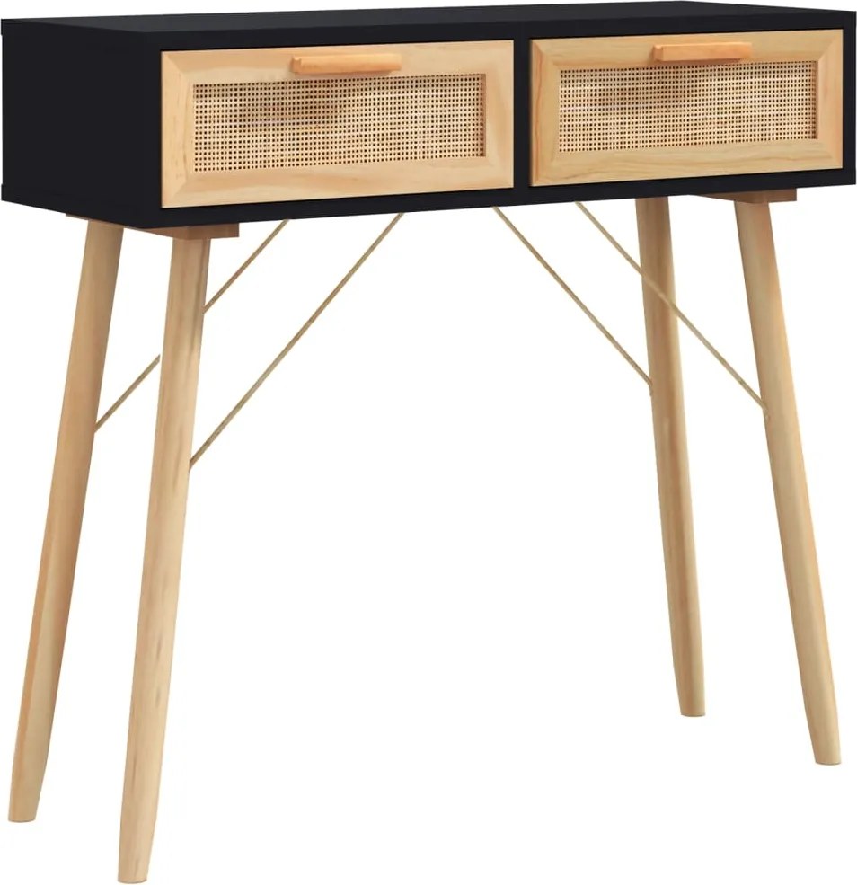 vidaXL Masă consolă negru 80x30x75 cm lemn masiv pin și ratan natural