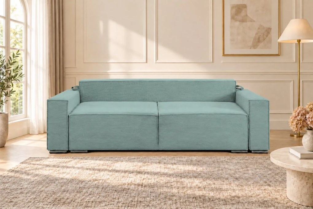 Canapea extensibilă Livia din catifea reiată, verde marin, cu ladă de depozitare