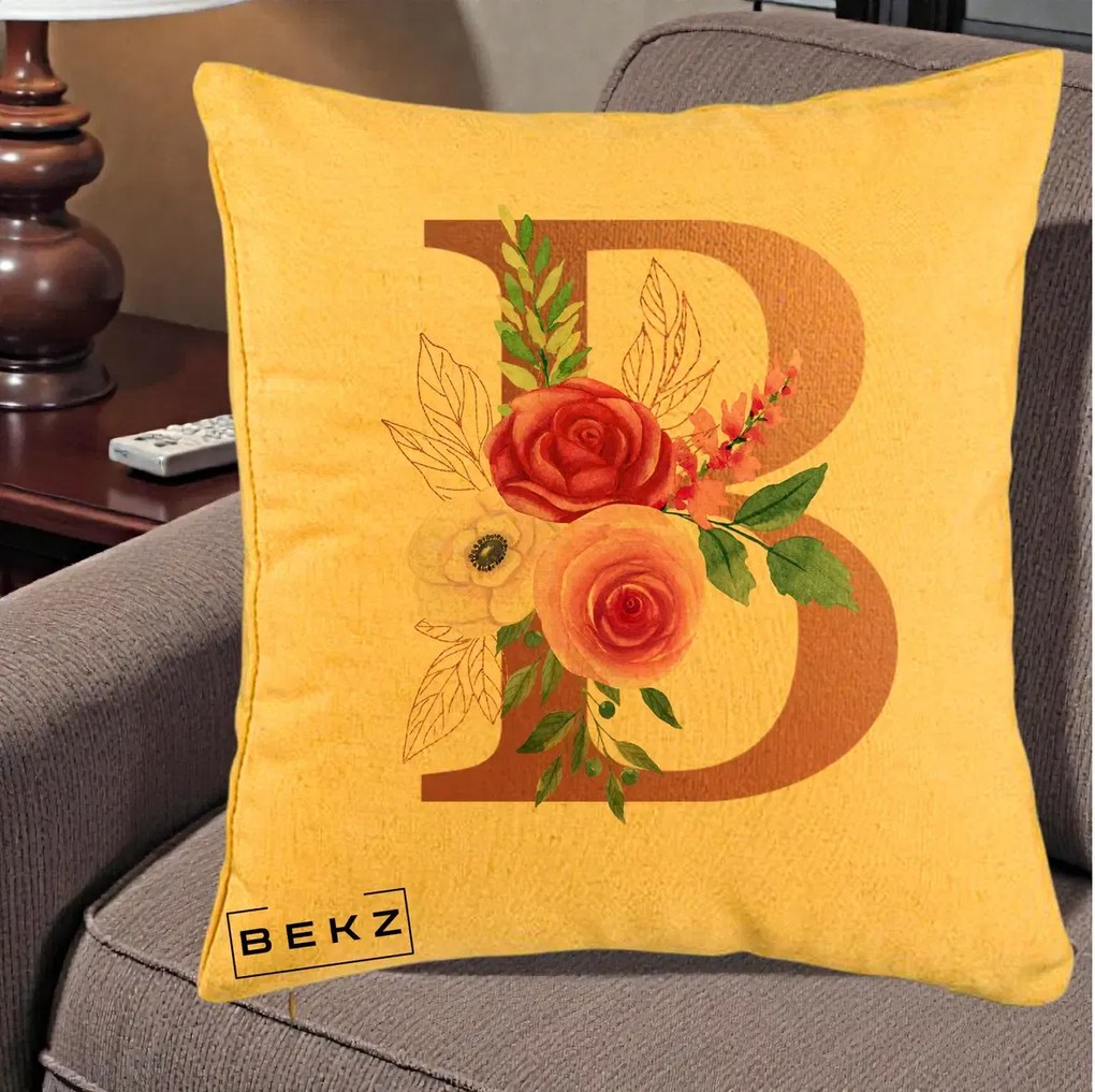 Cadou Personalizat - Perna Personalizata Monograma Rose Gold Litera B, 40x40 cm, Galben, Husa Detasabila, Perna Inclusa, BEKZ®