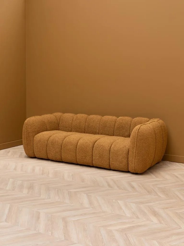 Canapea 3 locuri din catifea muștar, cu textură în relief, picioare din lemn masiv, aspect retro, 69×220×102 cm, „Biskit"