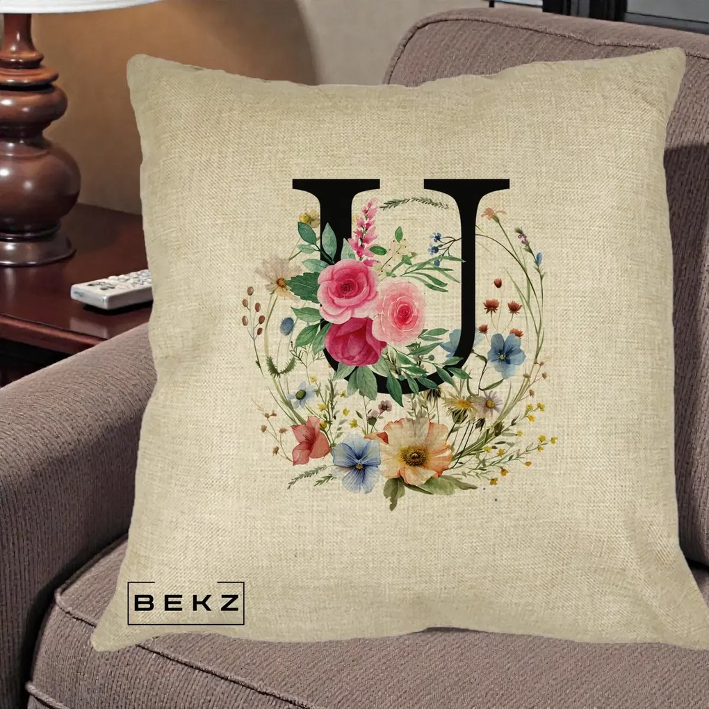 Cadou Personalizat - Perna Personalizata Monogram Litera U cu Flori Acuarela, 40x40 cm, Crem, Husa Detasabila, Perna Inclusa, BEKZ®