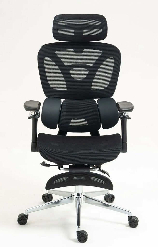 RESIGILAT- METACHAIR DORO Scaun ergonomic, cotiere 6D, suport lombar dinamic, spătar reglabil înălțime, tetieră 2D, suport picioare, mecanism multifunctional inclinare/blocare, pivotant, Mesh, Negru