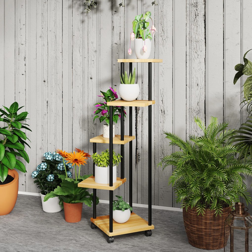 Outsunny Suport pentru Plante cu 5 Niveluri pentru Interior și Exterior, Etajeră cu 4 Roți din Oțel și Lemn, Lemn Natural | Aosom Romania