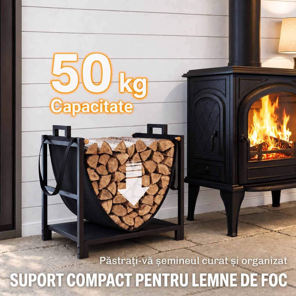 Outsunny Suport pentru Lemne de 48 cm cu Geantă, din Oțel, Capacitate 50 kg, pentru Șemineu, Negru | Aosom Romania
