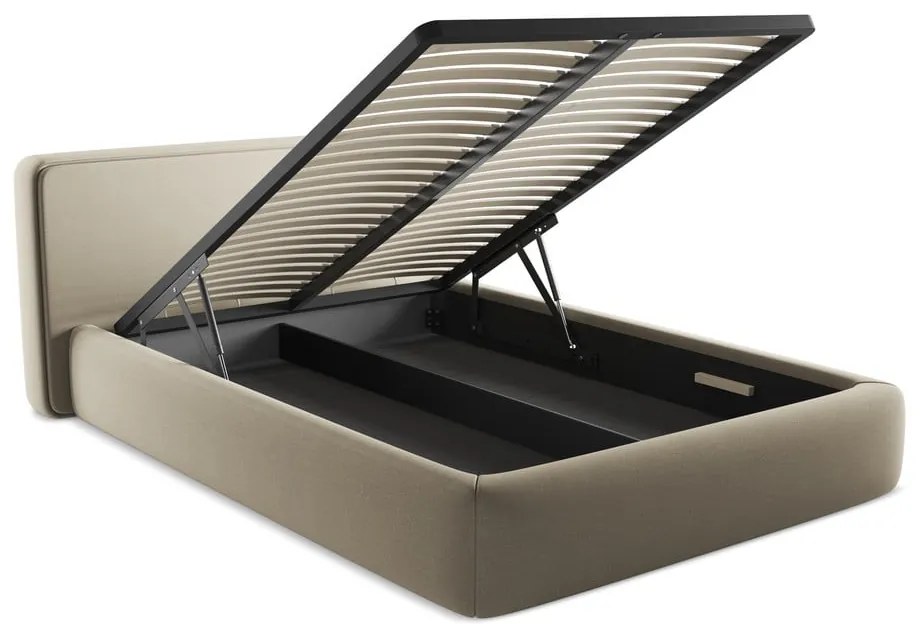 Pat matrimonial bej tapițat cu spațiu de depozitare cu somieră 140x200 cm Kiana – Makamii
