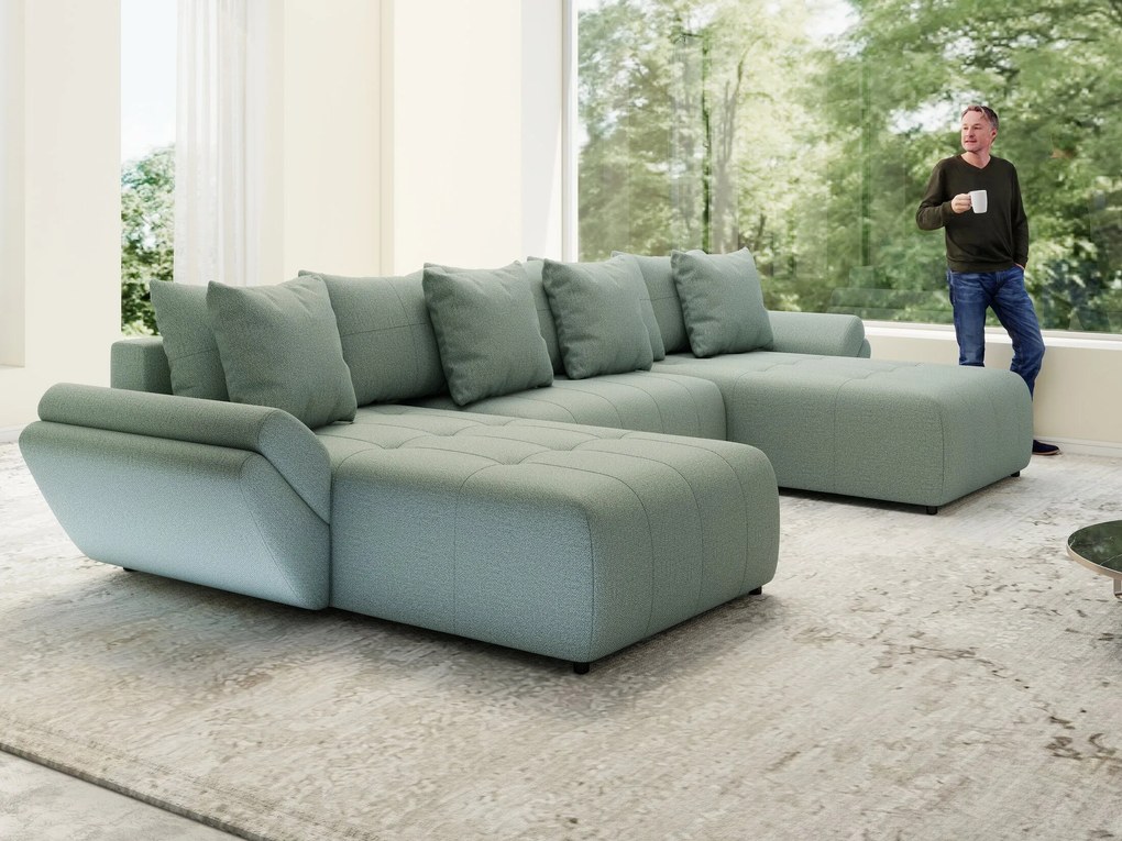 Colțar extensibil dumonde cu ladă de depozitare si sezut confortabil din spuma high-density, Berlin U Enjoy Mint 380x180 cm