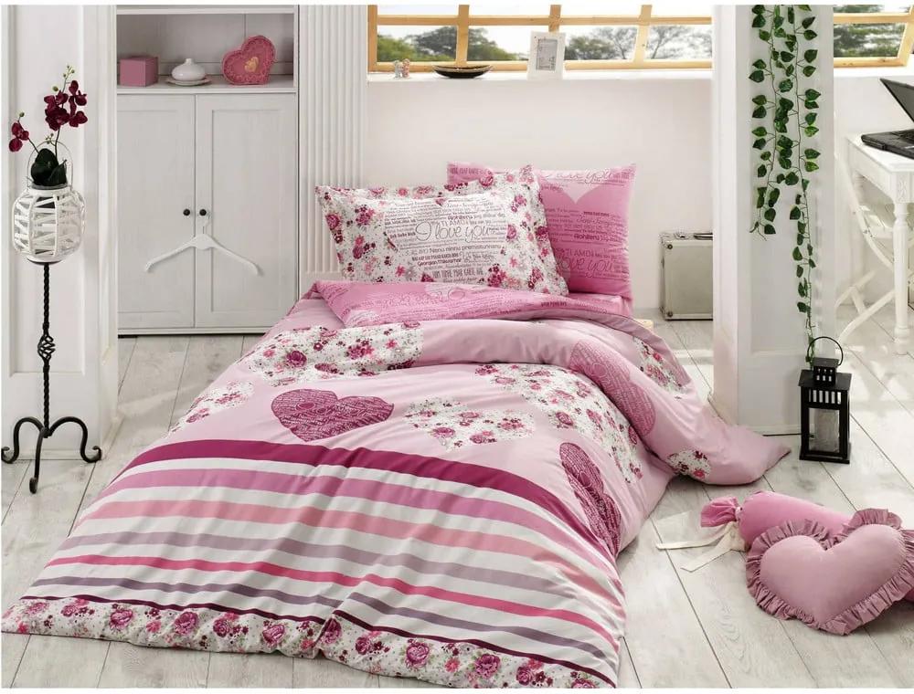 Lenjerie de pat și cearșaf din bumbac poplin pentru pat single Bella, 160 x 220 cm, roz