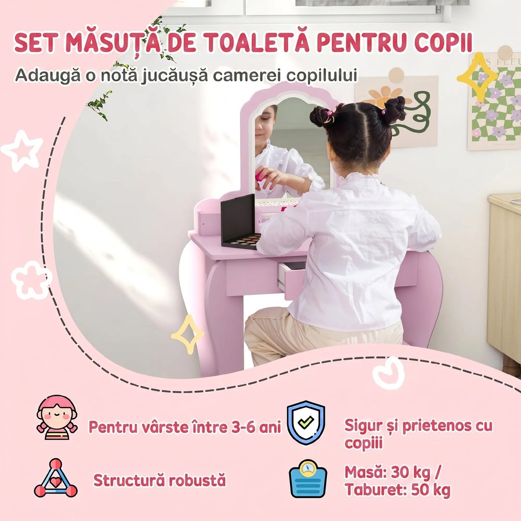 ZONEKIZ Set Toaletă pentru Copii cu Oglindă pentru Machiaj și Scaunel din Lemn Roz | Aosom Romania