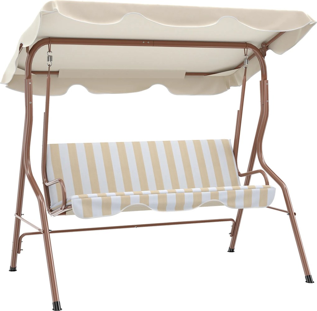 Outsunny Balansoar de grădină 3 locuri Acoperiș impermeabil Reglabil Perne șezut spătar maro, crem cu dungi | Aosom Romania