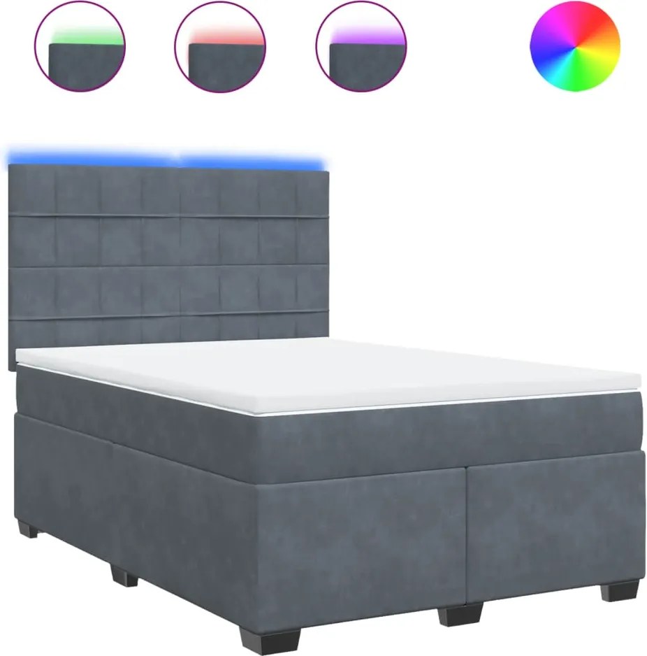vidaXL Pat box spring cu saltea, gri închis, 160x200 cm, catifea