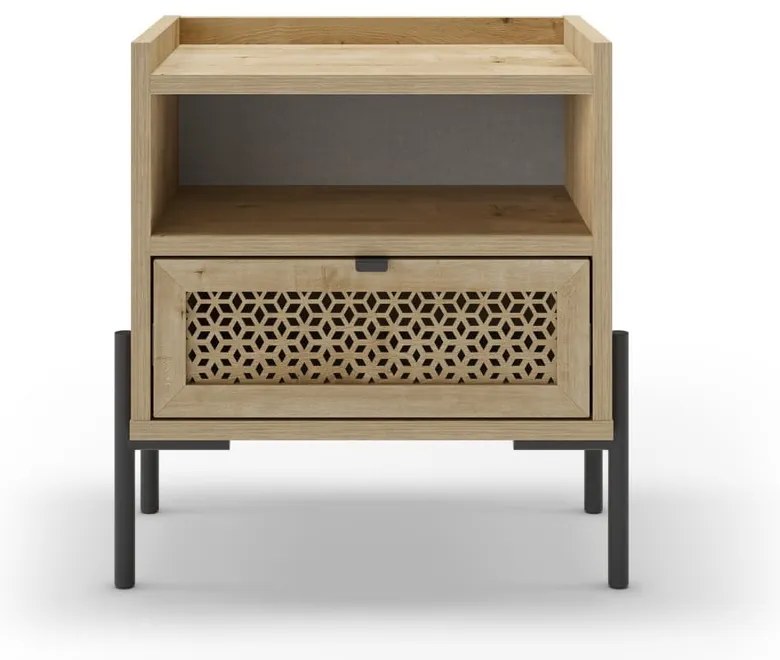 Noptieră în culoare naturală cu rafturi cu aspect de lemn de stejar Inca – Marckeric