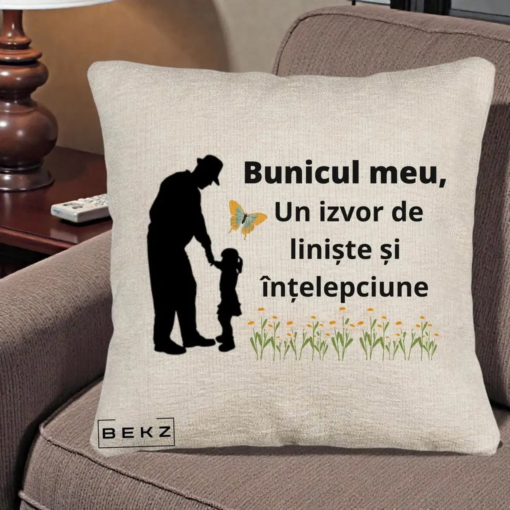 Cadou pentru Bunic - Perna Personalizata Bunicul Meu Izvor de Liniste cu Fluture si Fetita, 40x40 cm, Bej Canapea, Husa Detasabila, Perna Inclusa, BEKZ®