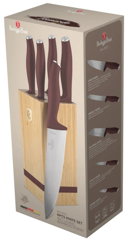 RESIGILAT - Set cutite 6 piese cu stativ Leonardo Berlinger Haus BH 2972, visiniu, suport lemn