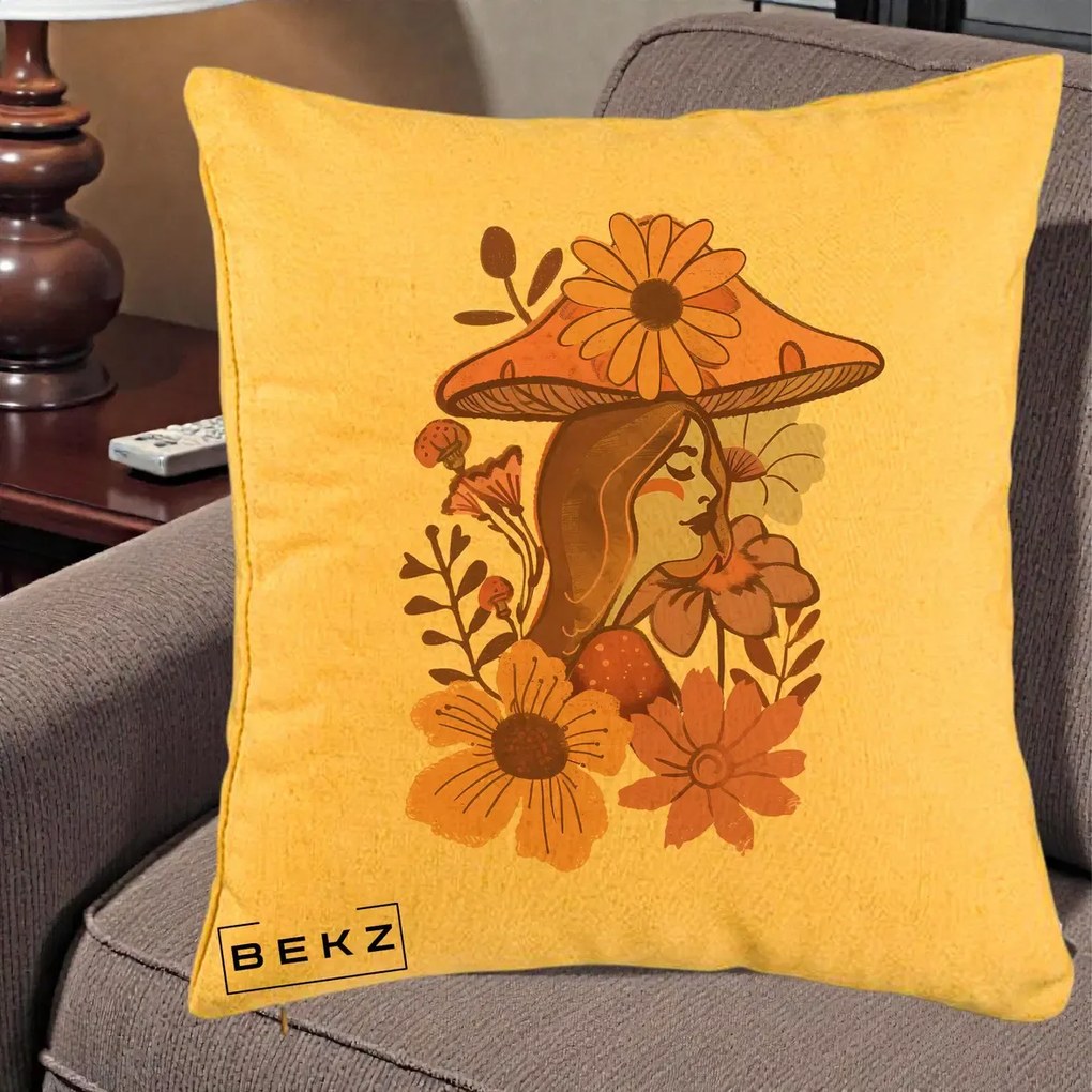 Perna Decorativa Fata Ciuperca Florala Boho, 40x40 cm, Galben, Husa Detasabila, Perna Inclusa, BEKZ®