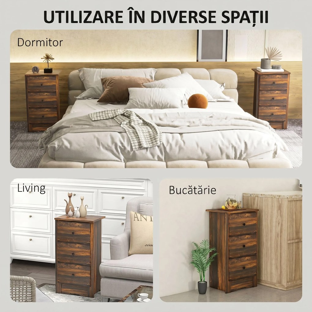 HOMCOM Noptieră cu 2 Sertare în Stil Rustic, Noptieră pentru Dormitor din Lemn, 40x30x74 cm, Maro | Aosom Romania