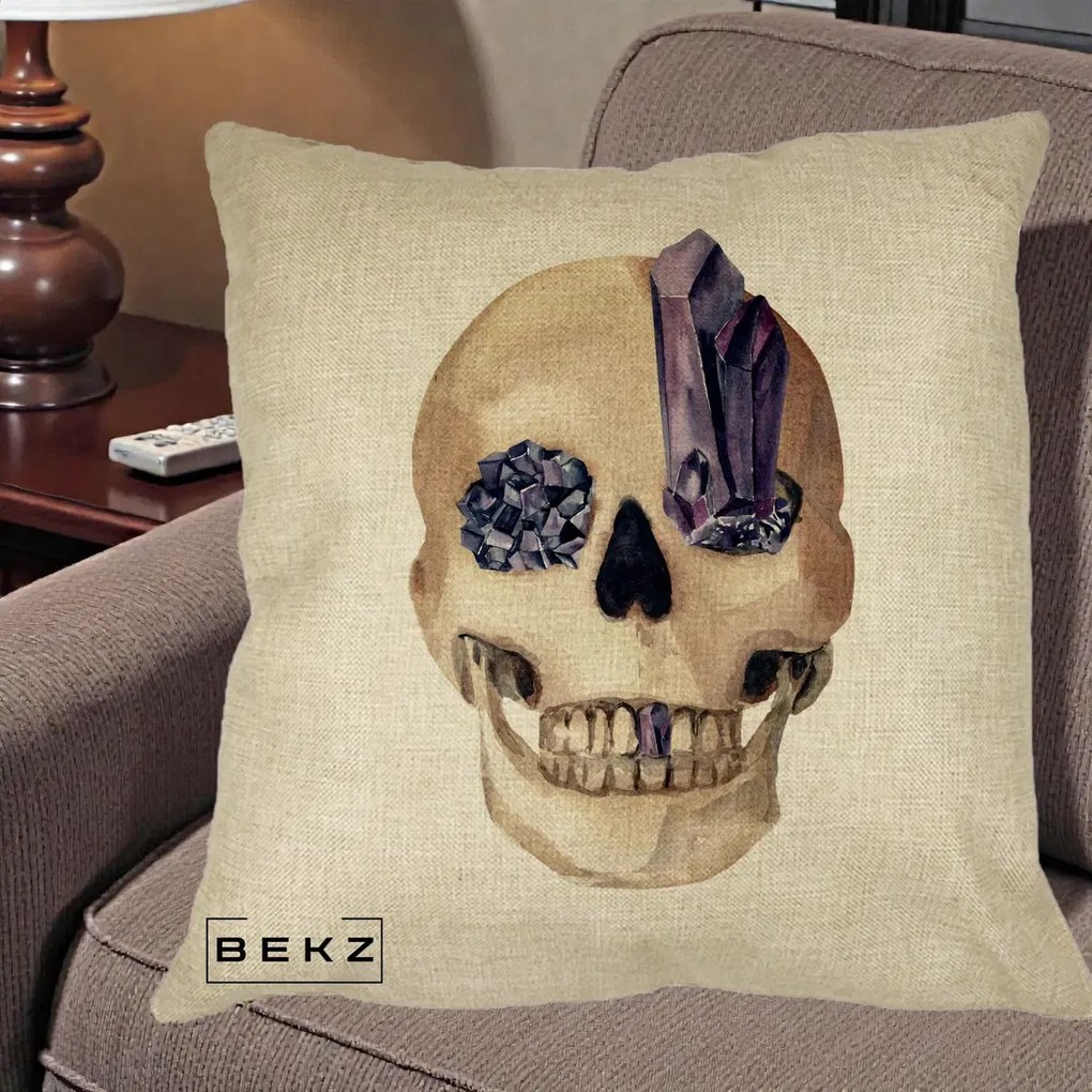 Perna Decorativa Craniu cu Cristale de Ametist, 40x40 cm, Crem, Husa Detasabila, Perna Inclusa, BEKZ®
