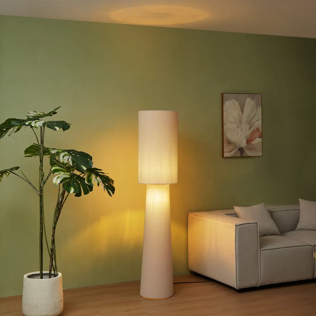 Lampă de podea Japandi bej din material teddy cu 2 lumini - Trompet