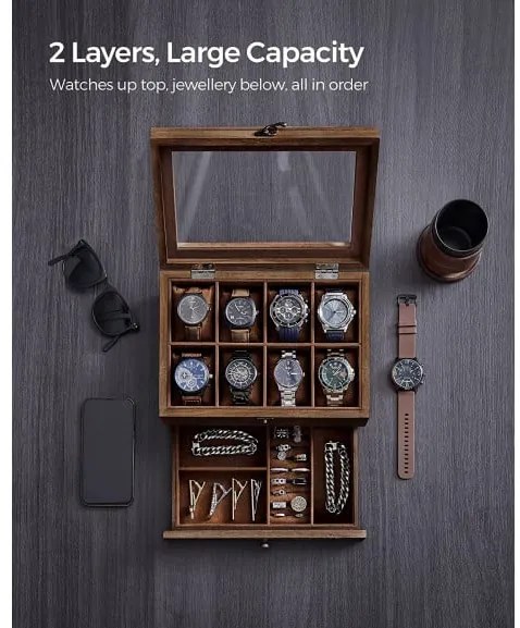 Cutie De Bijuterii Din Lemn Cu 2 Niveluri, Cu Capac De Sticla, Nuc Rustic