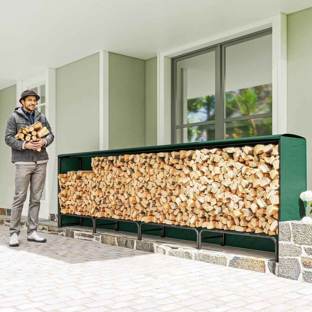 Outsunny Suport pentru Lemne 1 m³, Reglabil, cu Husă Impermeabilă din PE, Metal, 360 x 36 x 99 cm, Negru și Verde Închis | Aosom Romania