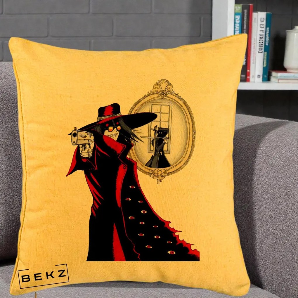 Perna Personalizata Hellsing Alucard cu Pistoale, 40x40 cm, Galben, Husa Detasabila, Perna Inclusa, BEKZ®