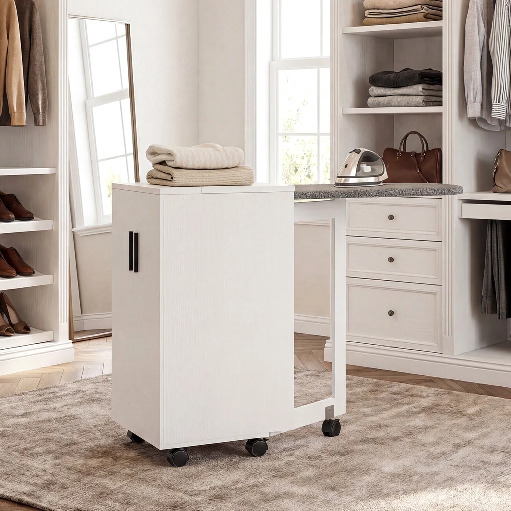 HOMCOM Mobilier de călcat 2 en 1, masă de călcat pliante pe roți cu etajeră reglabilă și balamale, alb | Aosom Romania