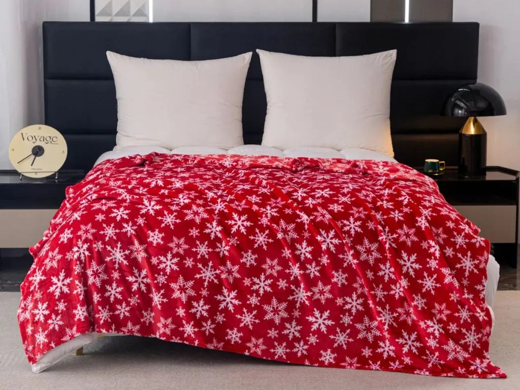 Patura de Craciun din microplus FROSTY FLAKES, rosie Dimensiune: 160 x 200 cm