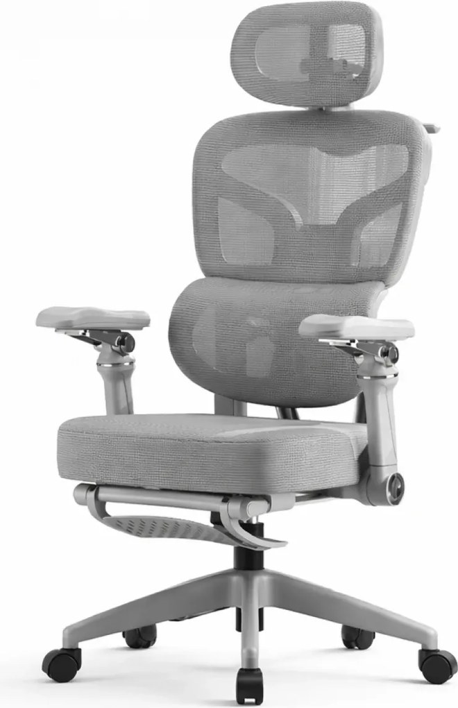 Scaun ergonomic, Sezut Translatie, cotiere 6D, tetiera 6D, suport lombar reglabil, spătar reglabil inaltime, pivotant, suport picioare, sezut buretat,Gri