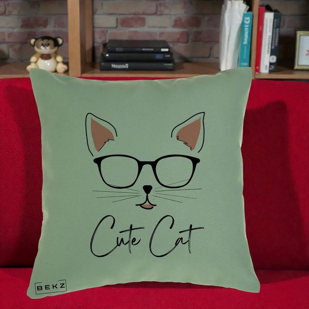 Perna Personalizata Cute Cat cu Ochelari, 40x40 cm, Verde, Husa Detasabila, Perna Inclusa, BEKZ®