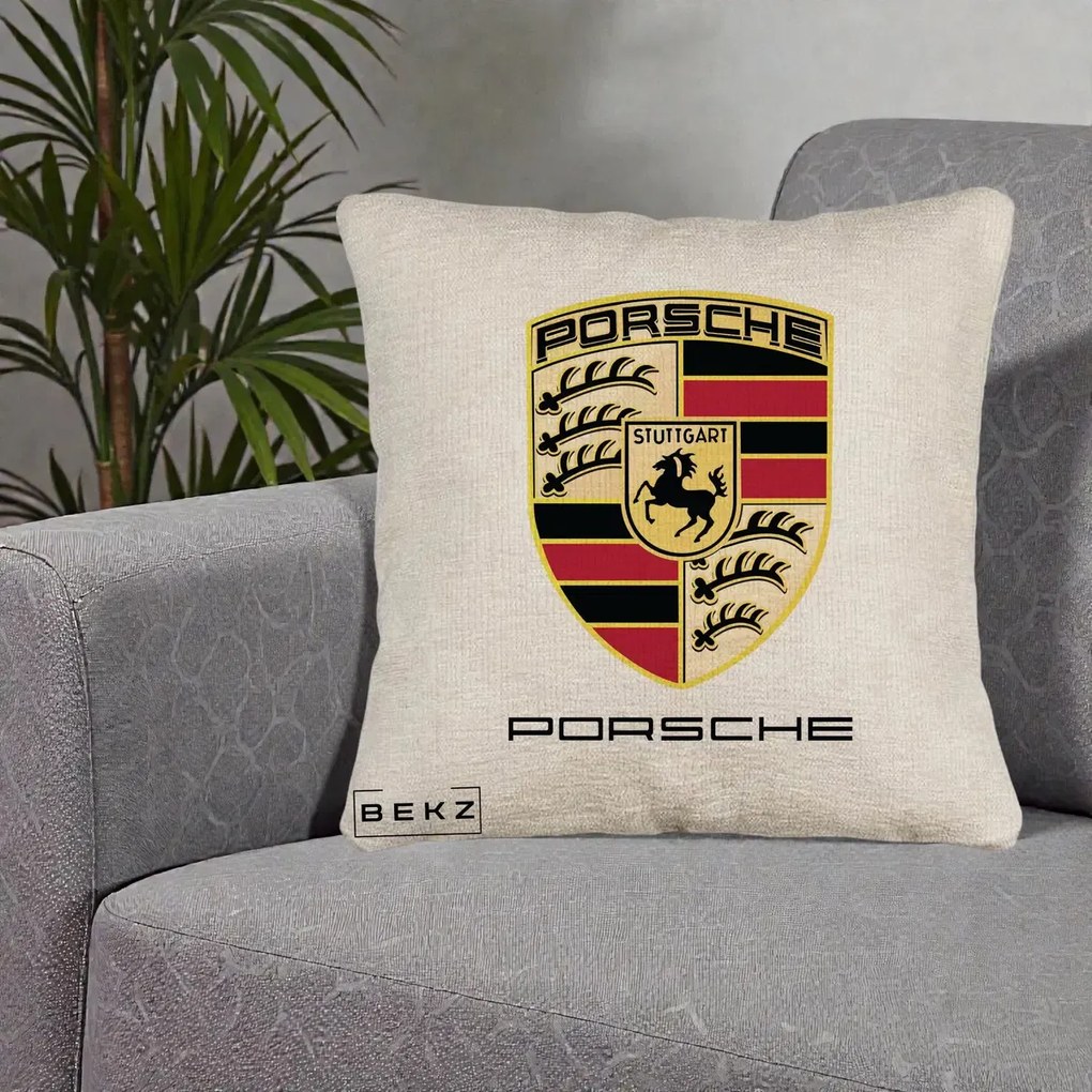 Perna Personalizata Porsche Stuttgart, 40x40 cm, Bej Canapea, Husa Detasabila, Perna Inclusa, BEKZ®