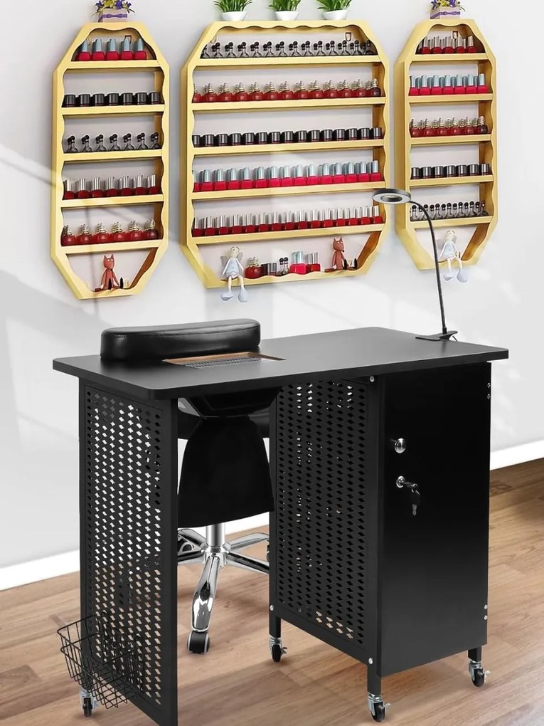 MANIA1 - Masuta manichiura, 90 cm, cu aspirator incorporat, perna maini si lampa LED, masa cosmetica - Alb/ Negru / Negru-Auriu