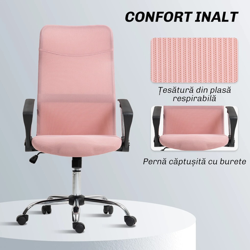 HOMCOM Scaun Ergonomic de Birou cu Înălțime Reglabilă și Spătar din Plasă, Roz | Aosom Romania