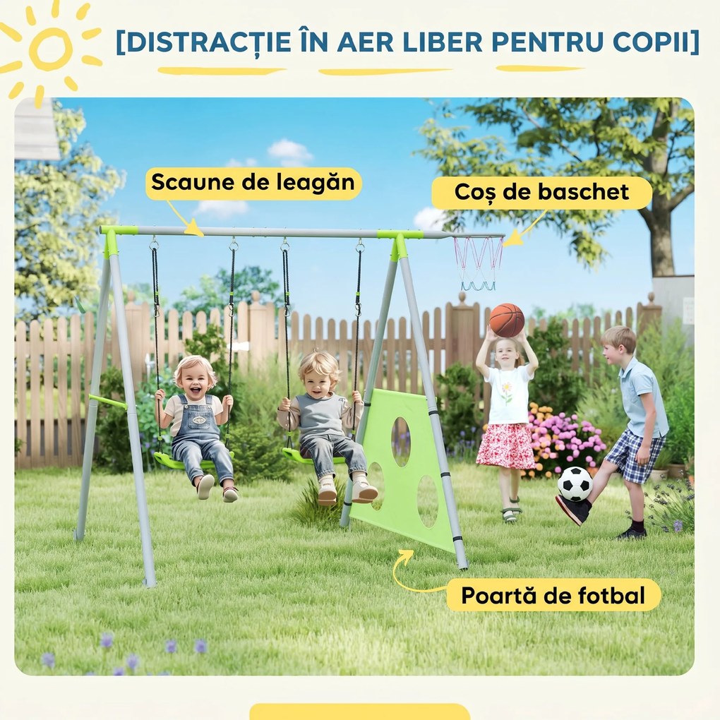 AIYAPLAY Leagăn de Grădină 3 în 1 pentru Copii 3-8 Ani cu Coș de Baschet și Poartă de Fotbal, 238x180x182 cm, Verde | Aosom Romania