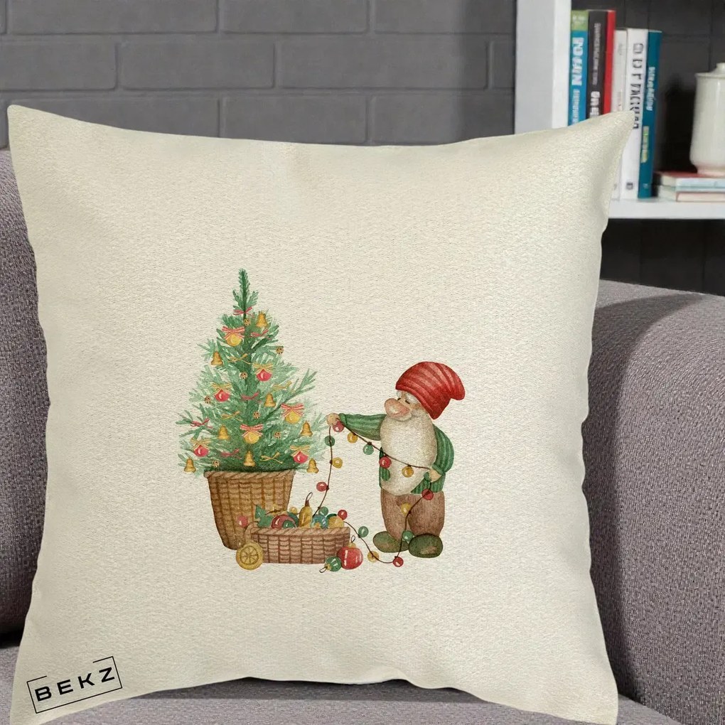 Perna Decorativa Pitic de Craciun cu Brad, 40x40 cm, Ecru, Husa Detasabila, Perna Inclusa, BEKZ®