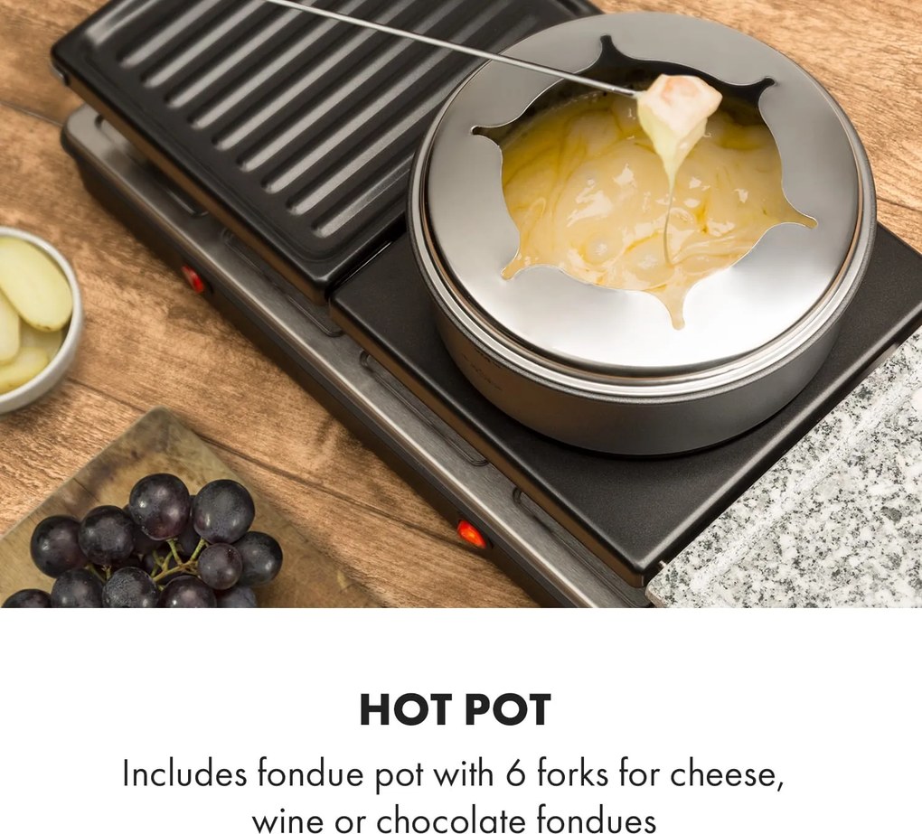Klarstein Fonduelette XL, 3 în 1 raclette grill & fondue, piatră naturală, 1650 W, 6 persoane