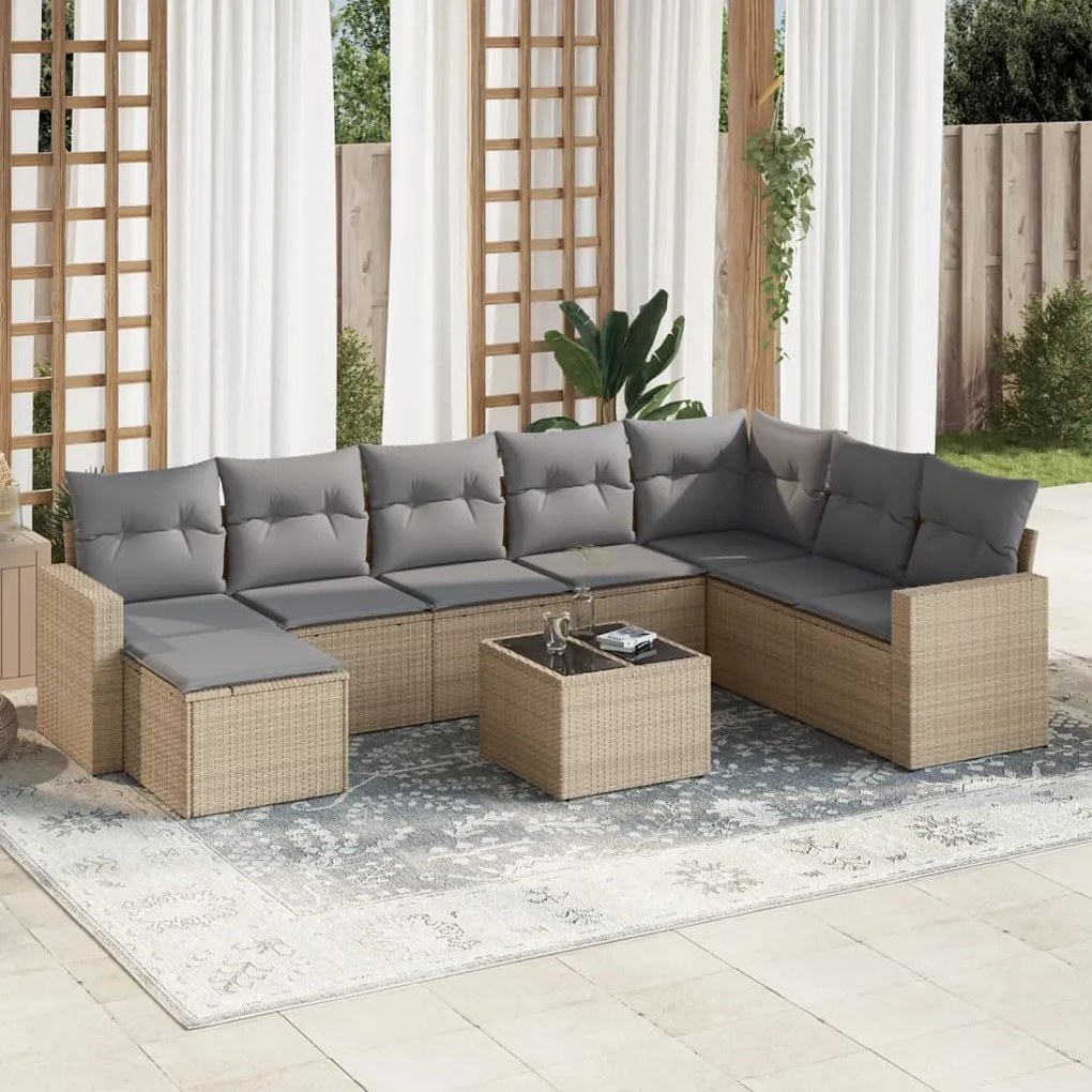 vidaXL Set canapele de grădină, 9 piese, cu perne, bej, poliratan