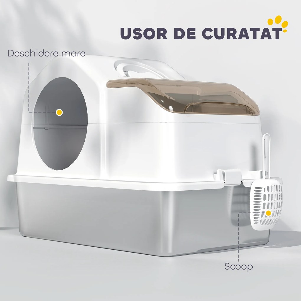 PawHut Litteră Închisă pentru Pisici cu 2 Covorașe și Mâner, Alb și Argintiu | Aosom Romania