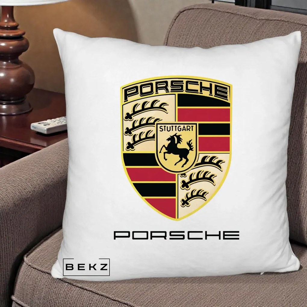 Perna Personalizata Porsche Stuttgart, 40x40 cm, Alb Pufos, Husa Detasabila, Perna Inclusa, BEKZ®