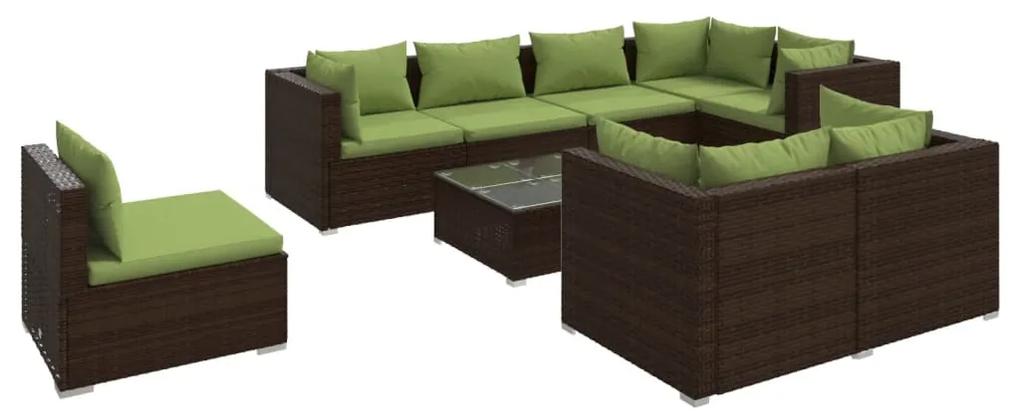 Set mobilier de gradina cu perne, 9 piese, maro, poliratan maro si verde, 5x colt + 3x mijloc + masa, 1